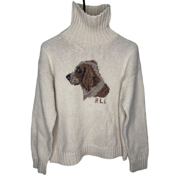 VTG Ralph Lauren Hand Knit Sporting Dog Turtleneck Sweater Women’s Large - Picture 1 of 5